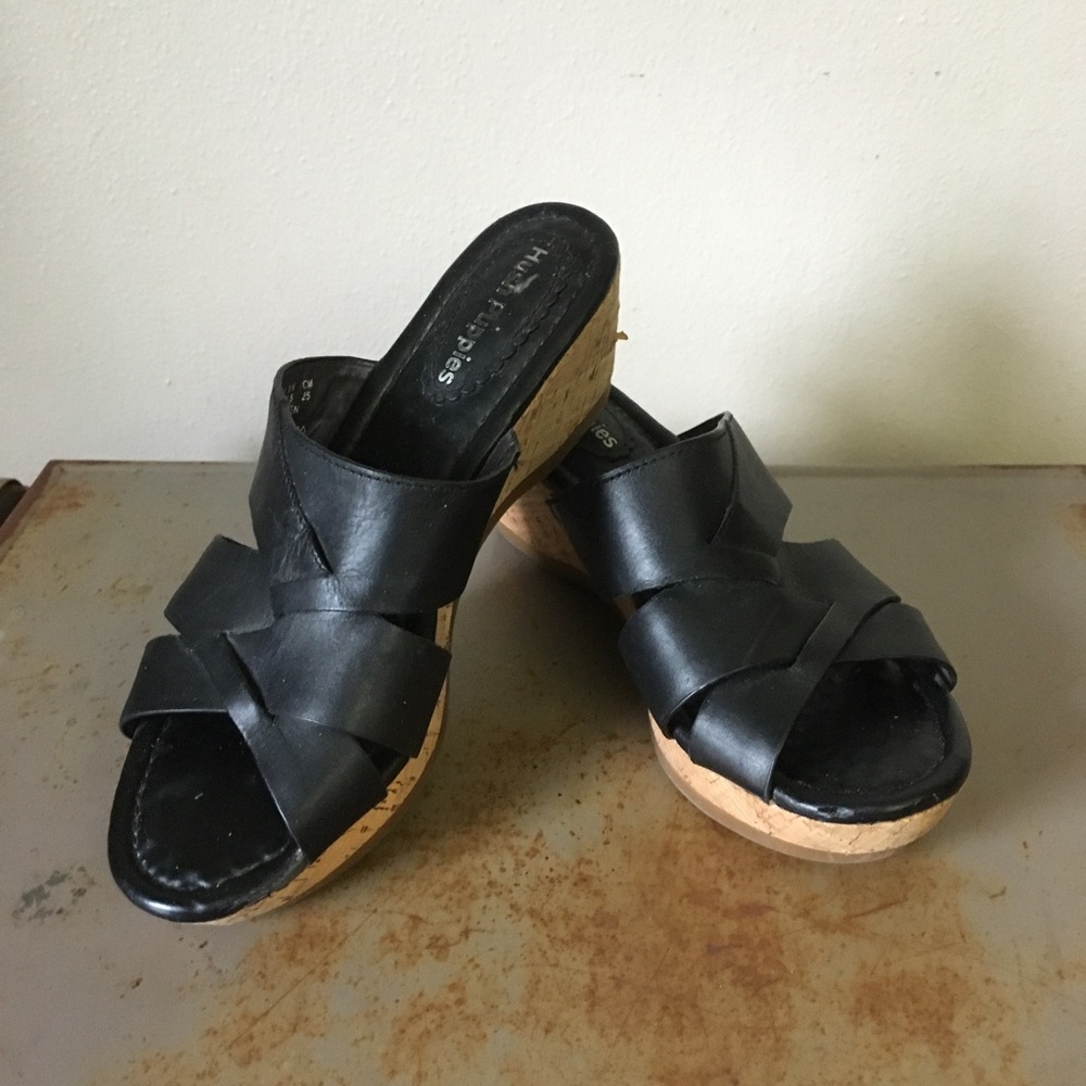 Hush Puppies Black Leather Women's Cork Wedge Sandals size 7.5